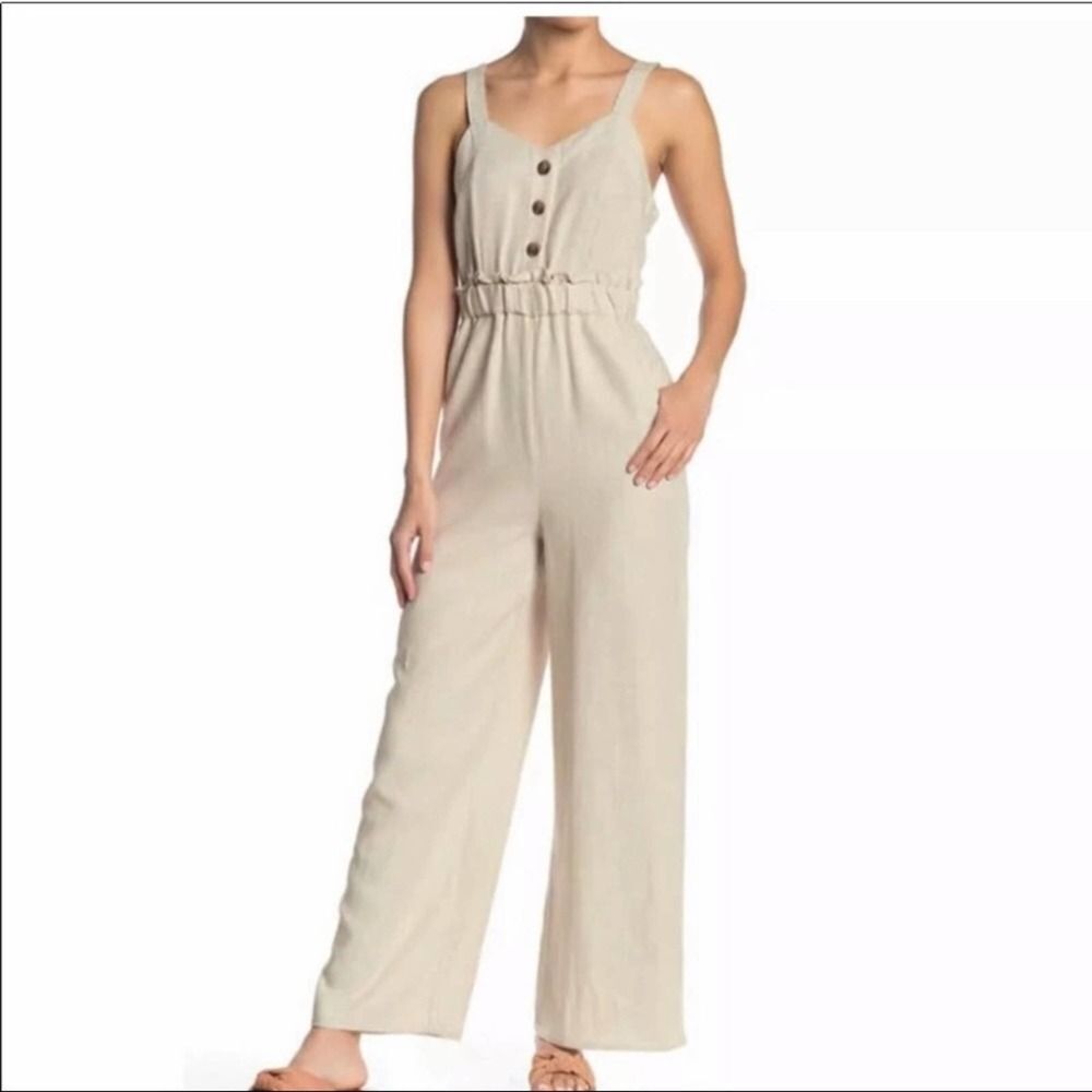 Romeo &‎ Juliet Beige Jumpsuit Womens Medium Paperbag Ruffle Elastic Waist